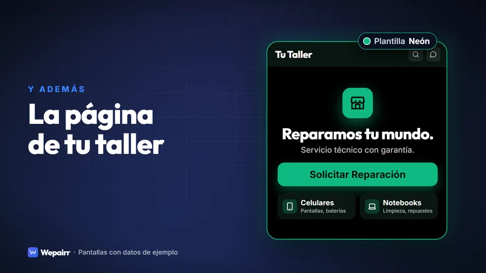 Página pública de un taller de ejemplo con el botón "Solicitar Reparación" y sus servicios, armada con una de las plantillas.