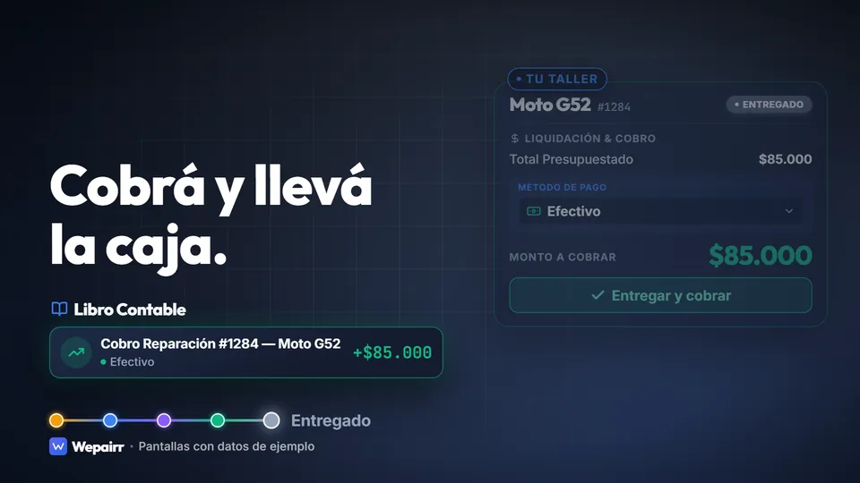 Una orden entregada y su cobro anotado en el libro de la caja. Datos de ejemplo.