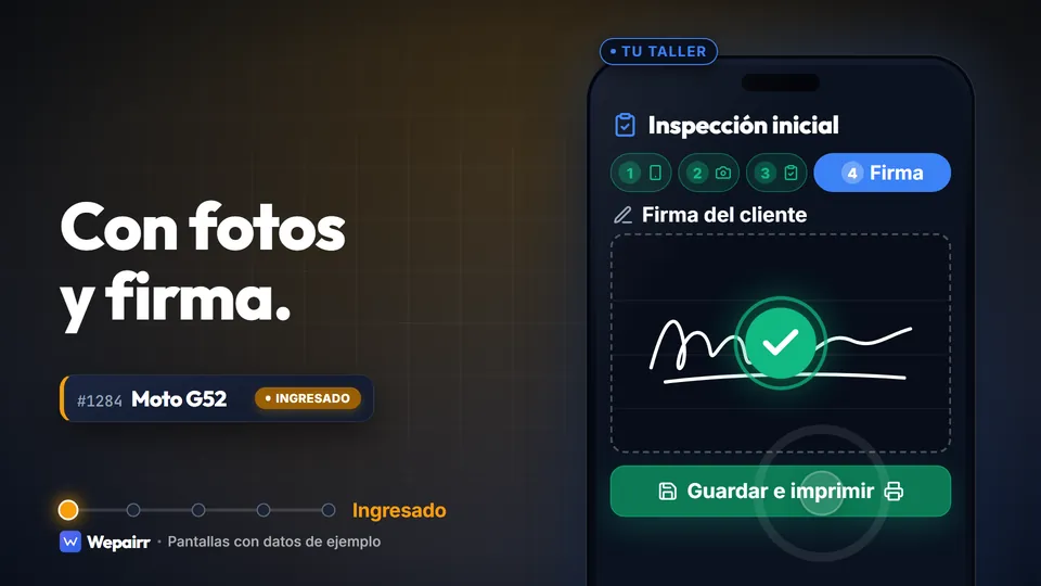 Pantalla de inspección inicial de una orden: el cliente firma en el celular y el taller guarda e imprime. Datos de ejemplo.