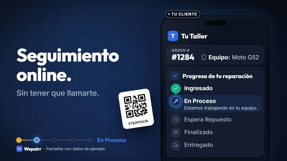 Página de seguimiento que ve el cliente: la orden en el estado "En Proceso" y los pasos que faltan. Datos de ejemplo.